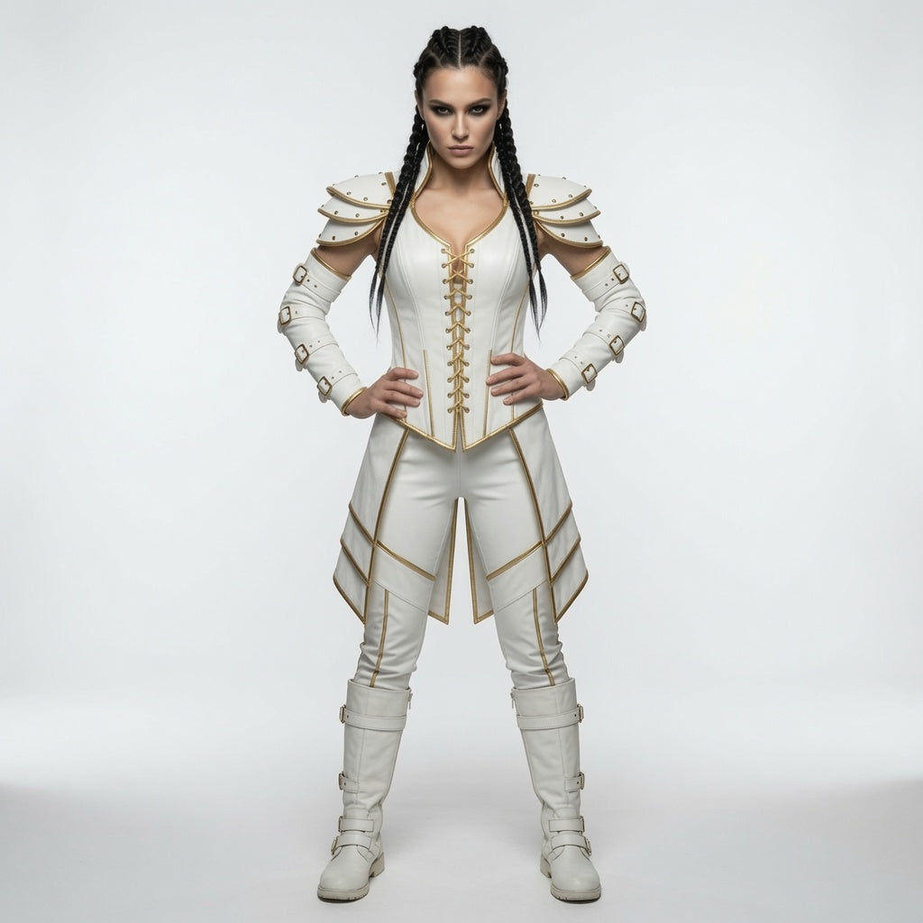 Damen Korsett aus weiß-goldenem Fantasy-Lederharnisch – Mittelalterliches Krieger-Cosplay-Kostüm