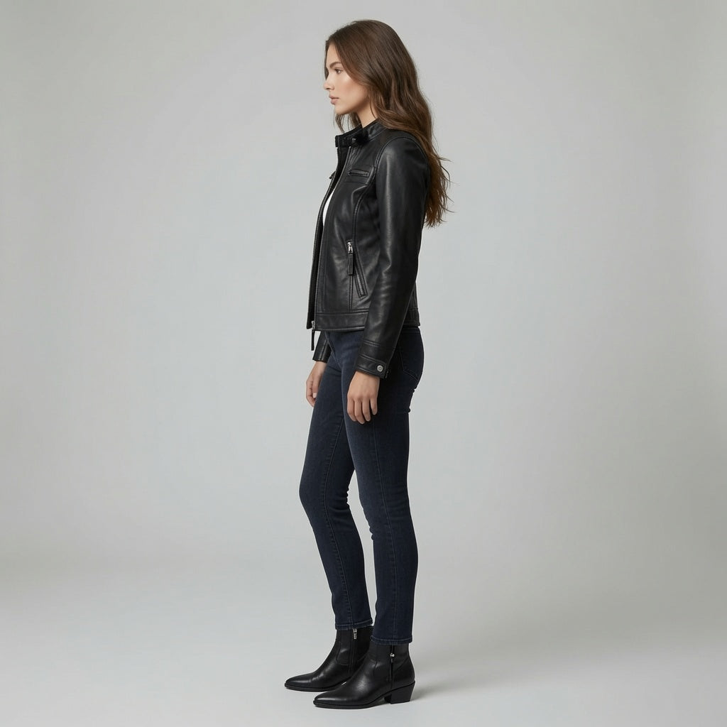 Damen schwarze Echtleder Cafe Racer Jacke | Slim Fit Motorrad Lederjacke