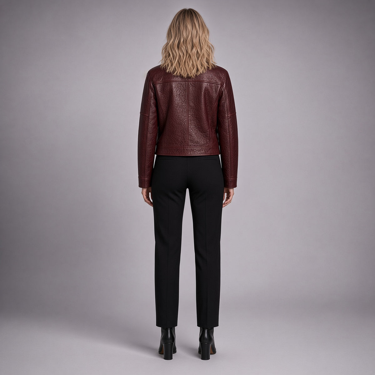 Women’s Maroon Genuine Leather Jacket | Cropped Biker Jacket with Front Pockets & Belted Waist