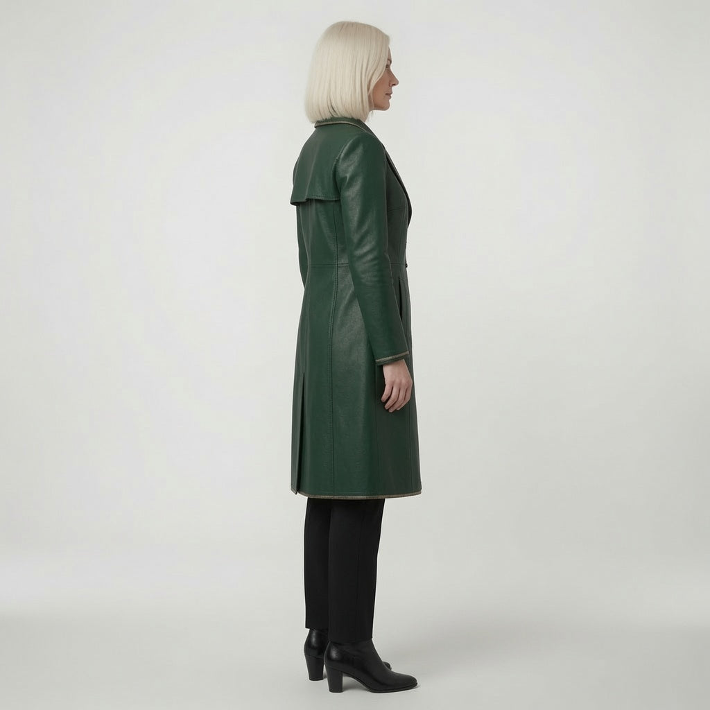 Women's Emerald Green Leather Long Coat – Double Breasted Military Style Trench Jacket