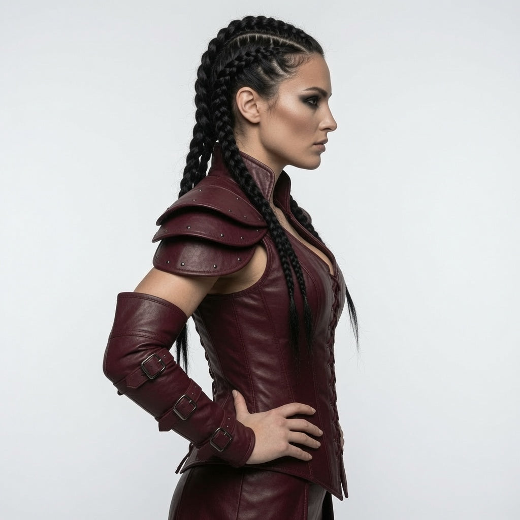 Damen Burgunderrot Fantasy Leder-Rüstungskorsett – Mittelalter Krieger Cosplay Kostüm