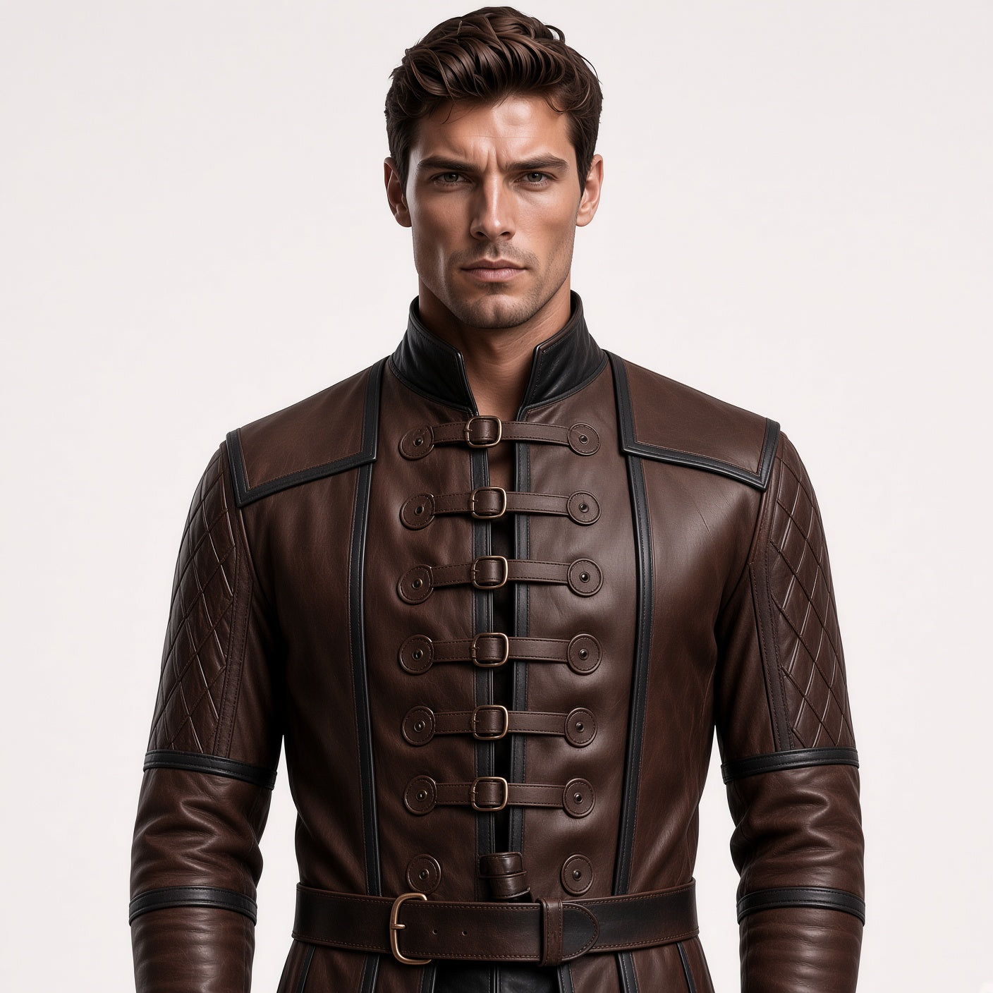Men's Brown Leather Medieval Costume Set | Gothic Long Coat, Pants & Boots