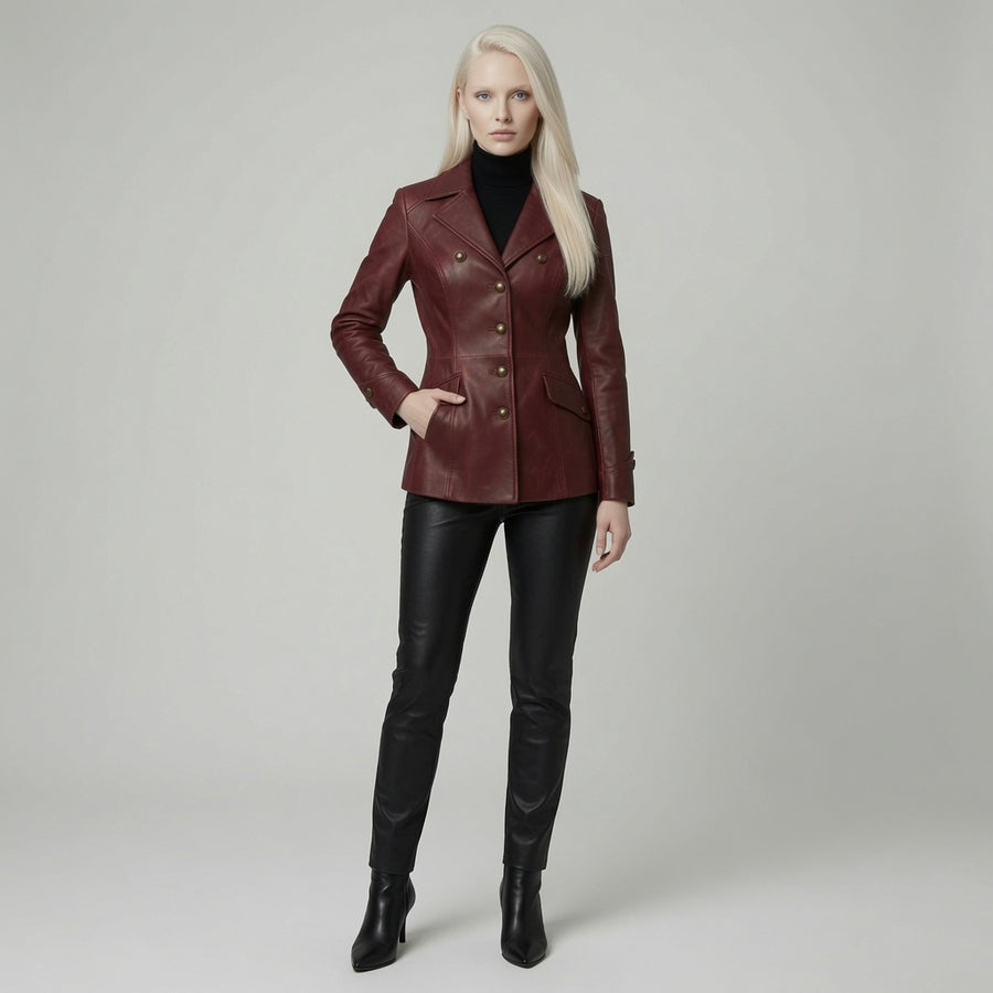 Women’s Burgundy Leather Blazer Jacket – Double Breasted Fitted Leather CoatWomen’s Burgundy Leather Blazer Jacket – Double Breasted Fitted Leather Coat