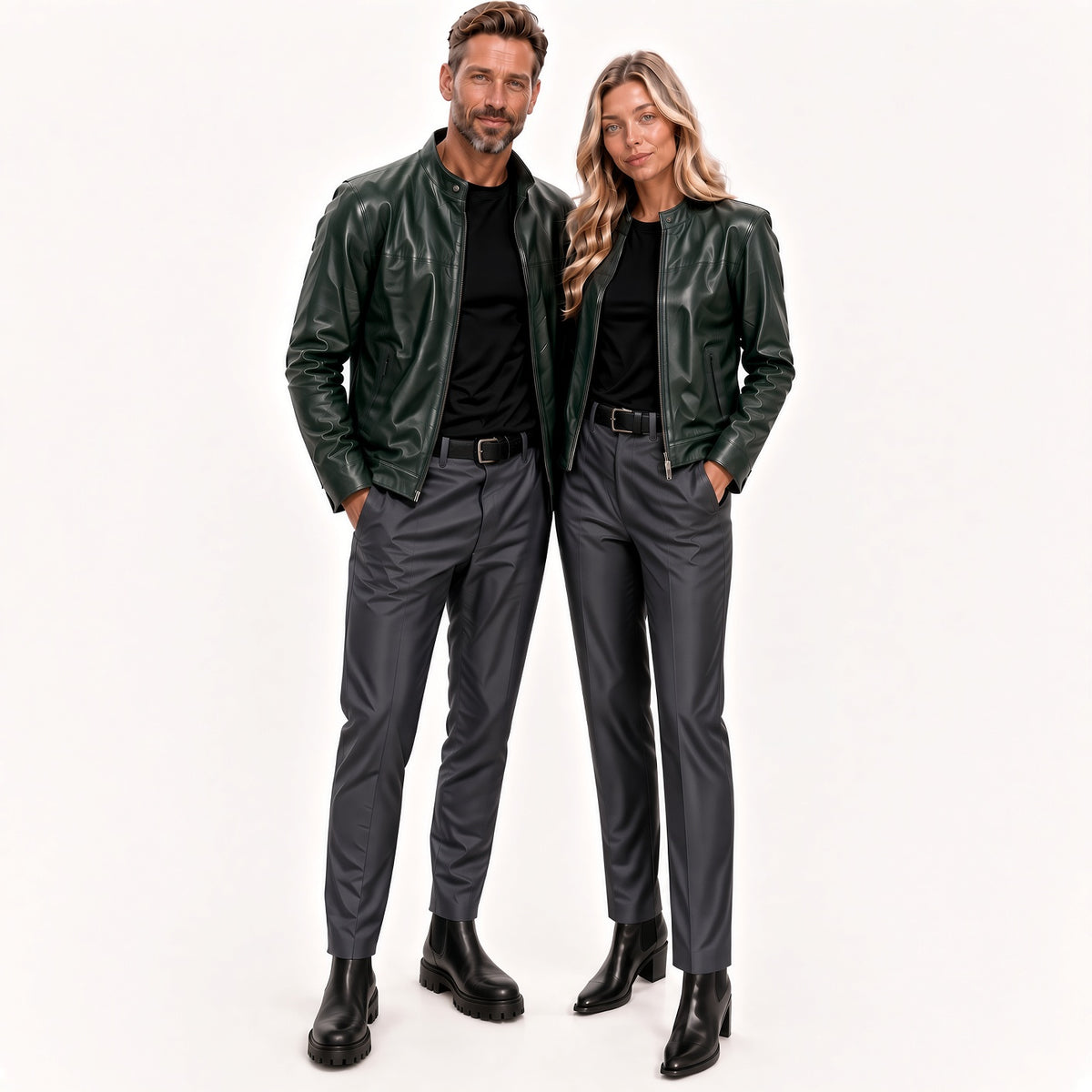 Matching Dark Green Leather Jackets for Men & Women – Classic Couple Jacket