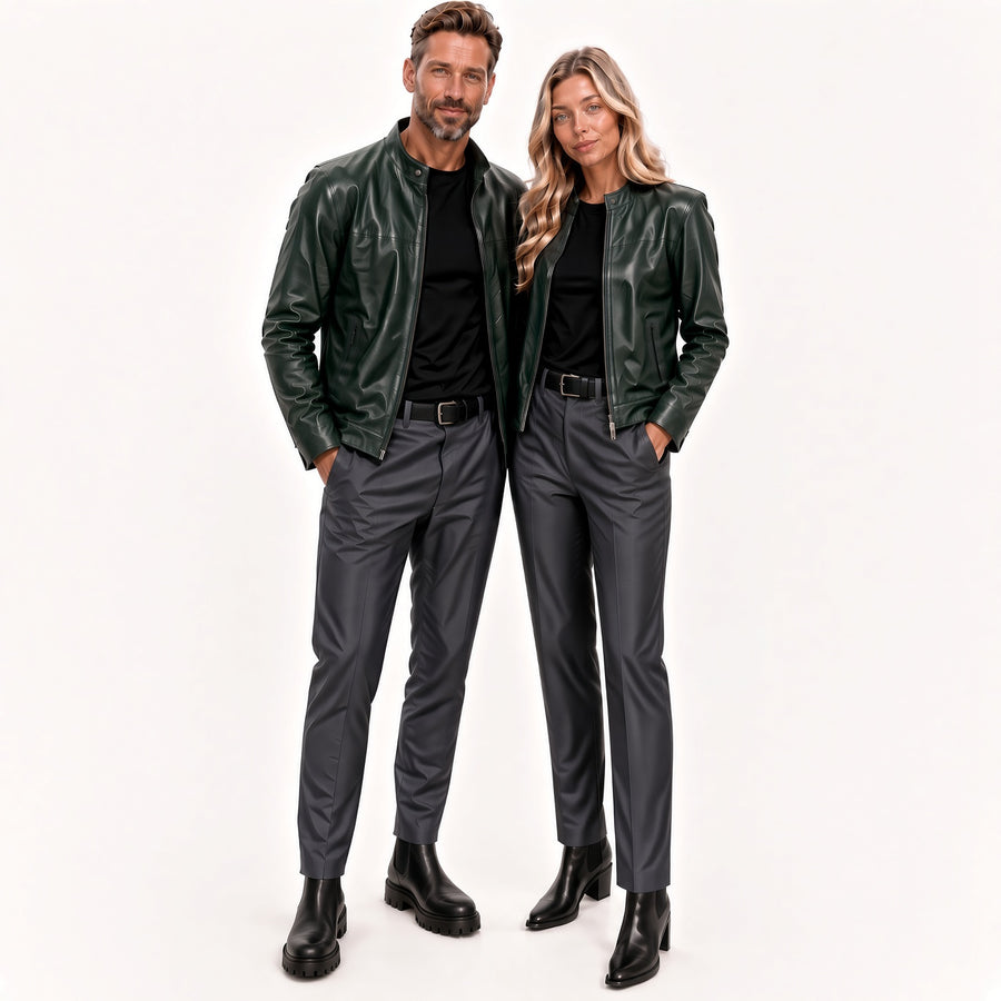 Matching Dark Green Leather Jackets for Men & Women – Classic Couple Jacket