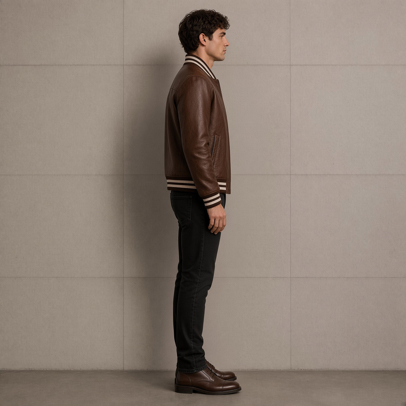 Men's Brown Leather Varsity Jacket – Classic Snap Button Bomber