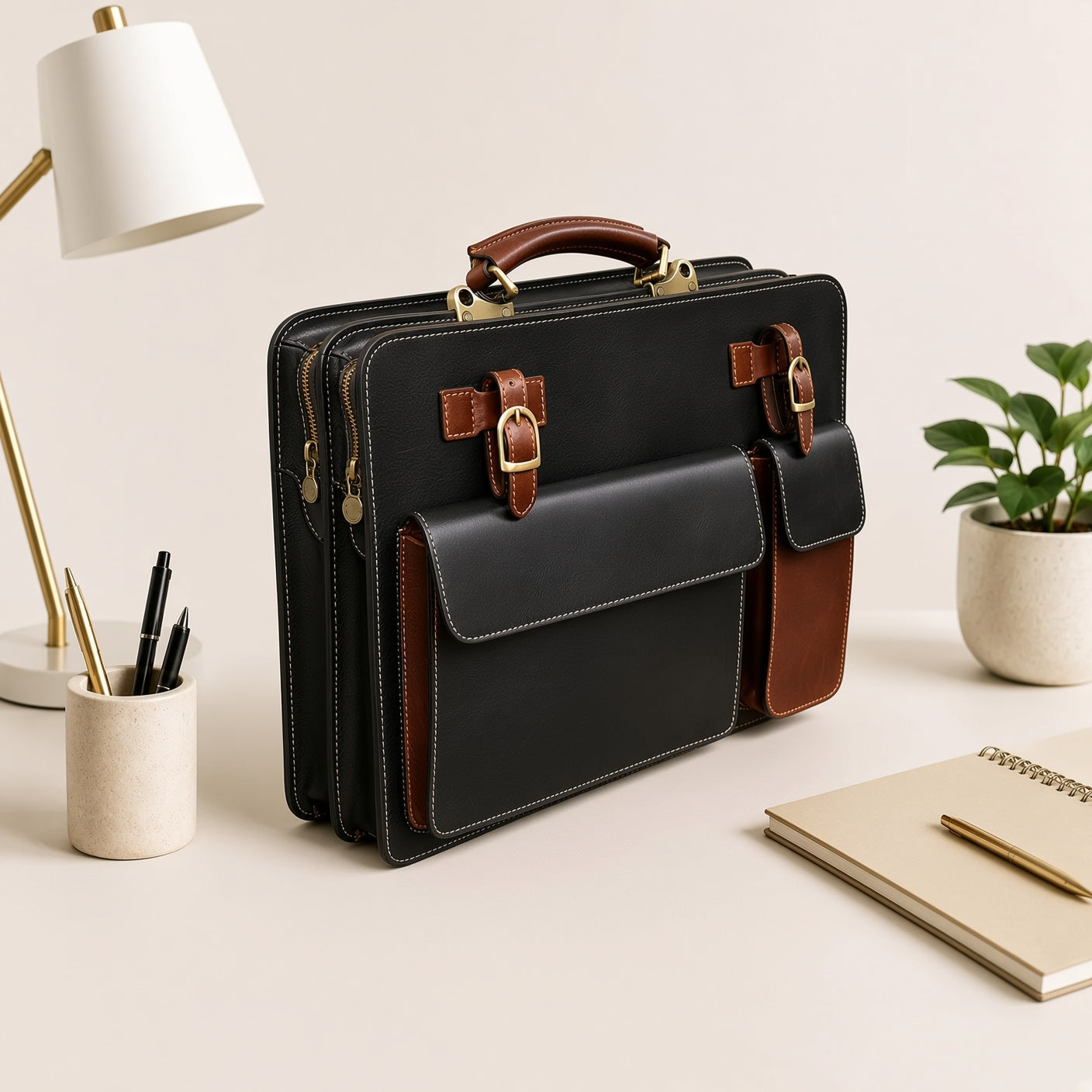 Women's Black Brown Leather Jacket & Bag Set | Wolfo Co