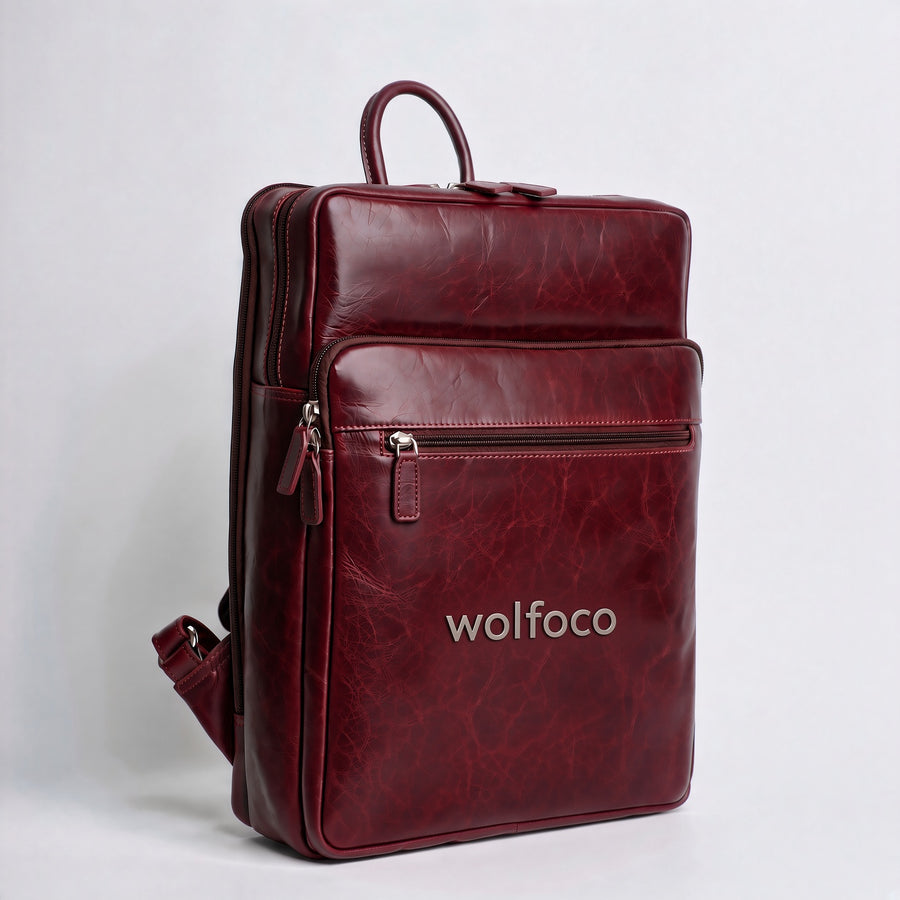 Burgundy Leather Backpack WolfoCo premium Travel & Laptop Bag