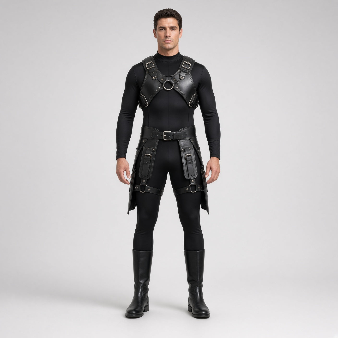 Men's Black Leather Harness Costume | Gothic Warrior Outfit with Boots
