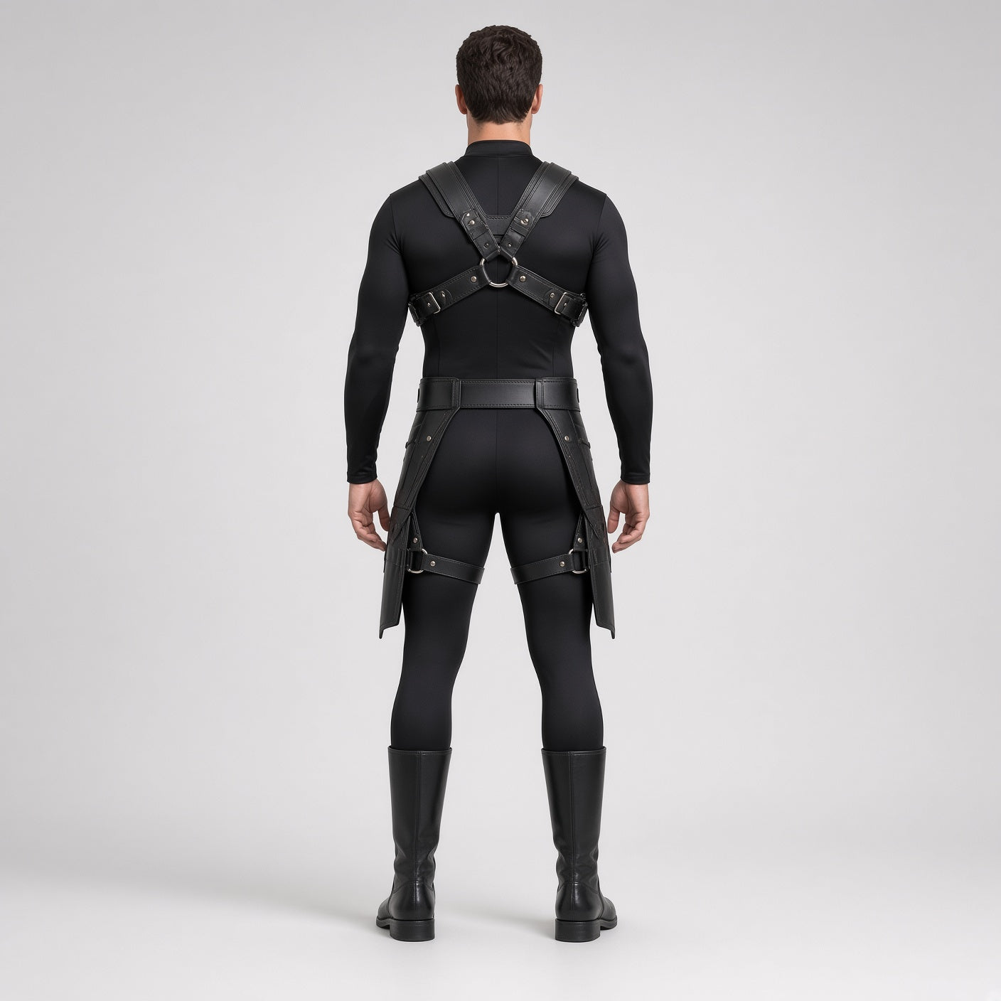 Men's Black Leather Harness Costume | Gothic Warrior Outfit with Boots