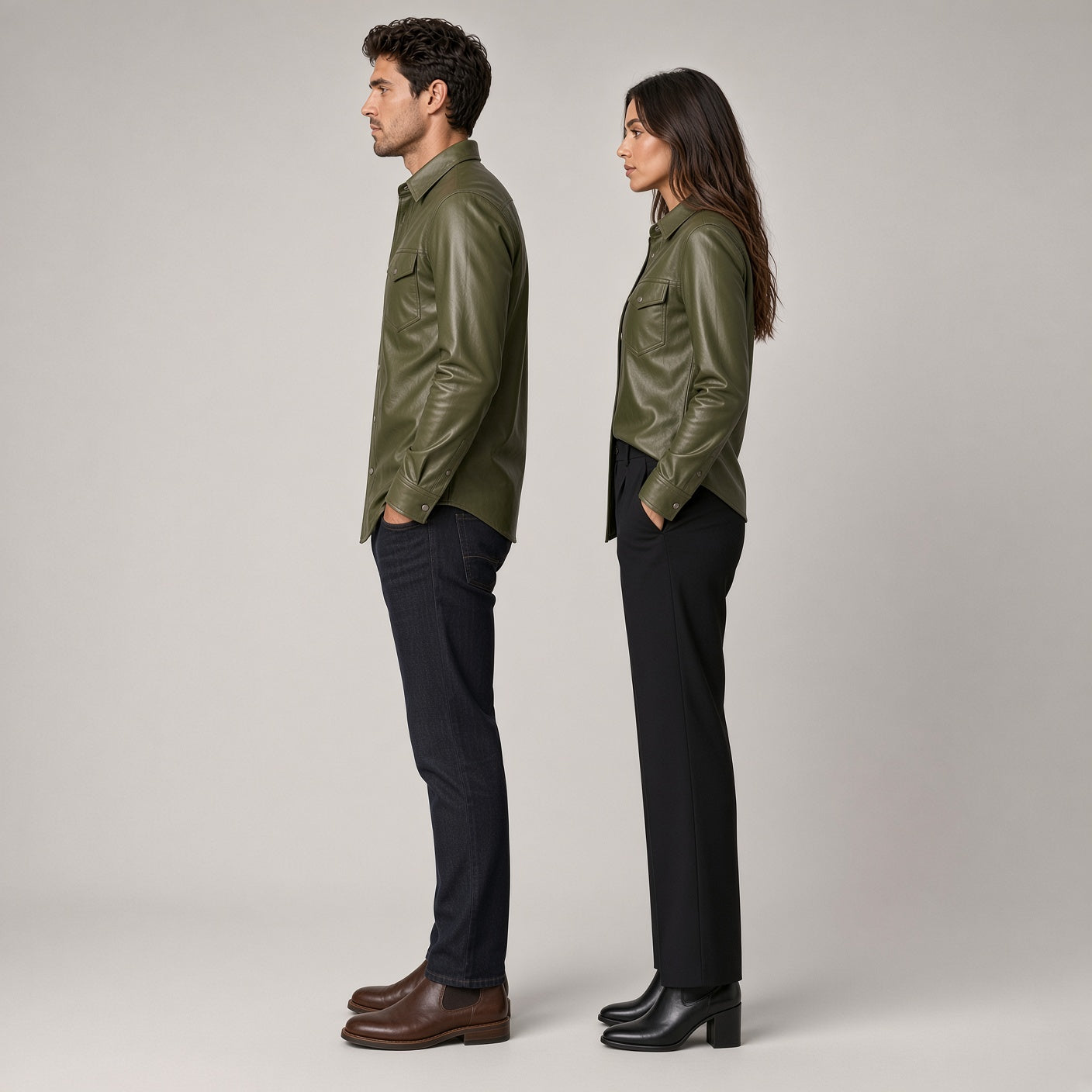 Olive Green Genuine Leather Shirt for Men & Women – Premium Button-Up Leather Shirt