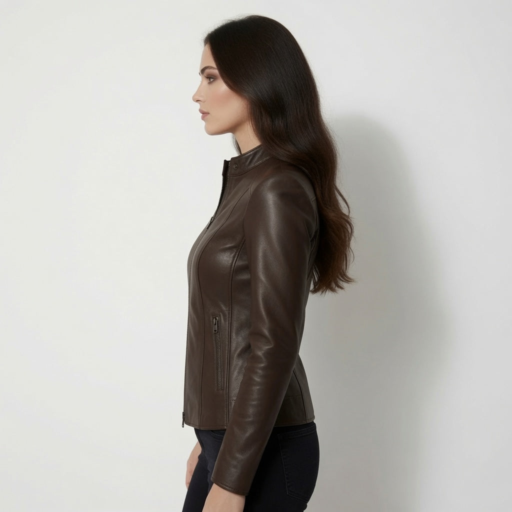 Damen Dunkelbraune Motorradjacke aus echtem Leder | Schmale Café Racer Lederjacke