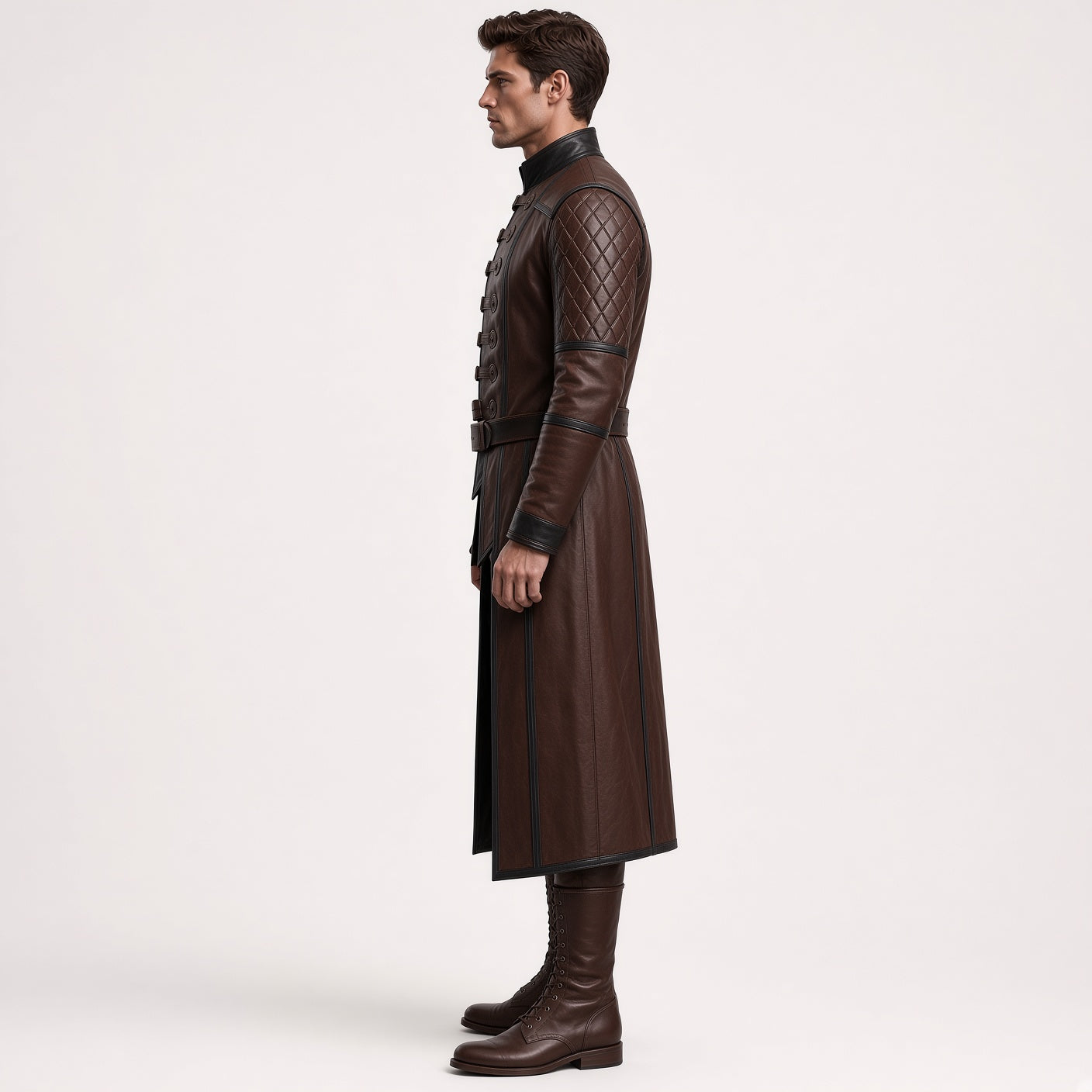 Men's Brown Leather Medieval Costume Set | Gothic Long Coat, Pants & Boots