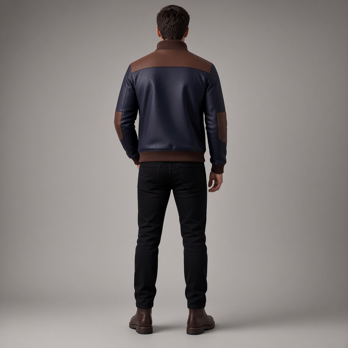 Men's Navy Blue Leather Bomber Jacket | Brown Accent Jacket