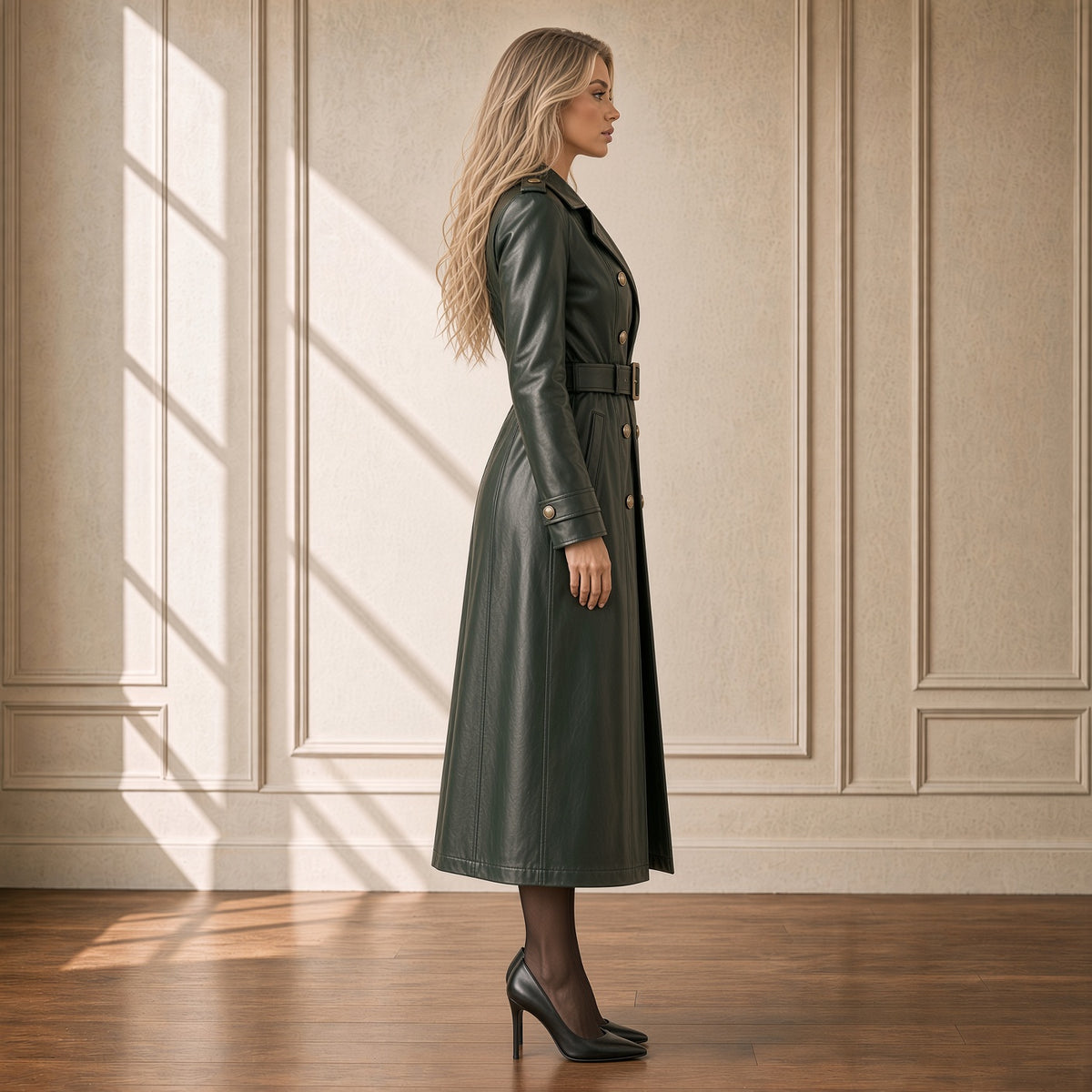 Women’s Dark Green Leather Trench Coat | Belted Long Jacket