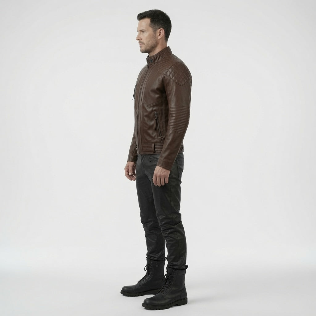 Men's Brown Quilted Leather Biker Jacket – Classic Motorcycle Café Racer Jacket