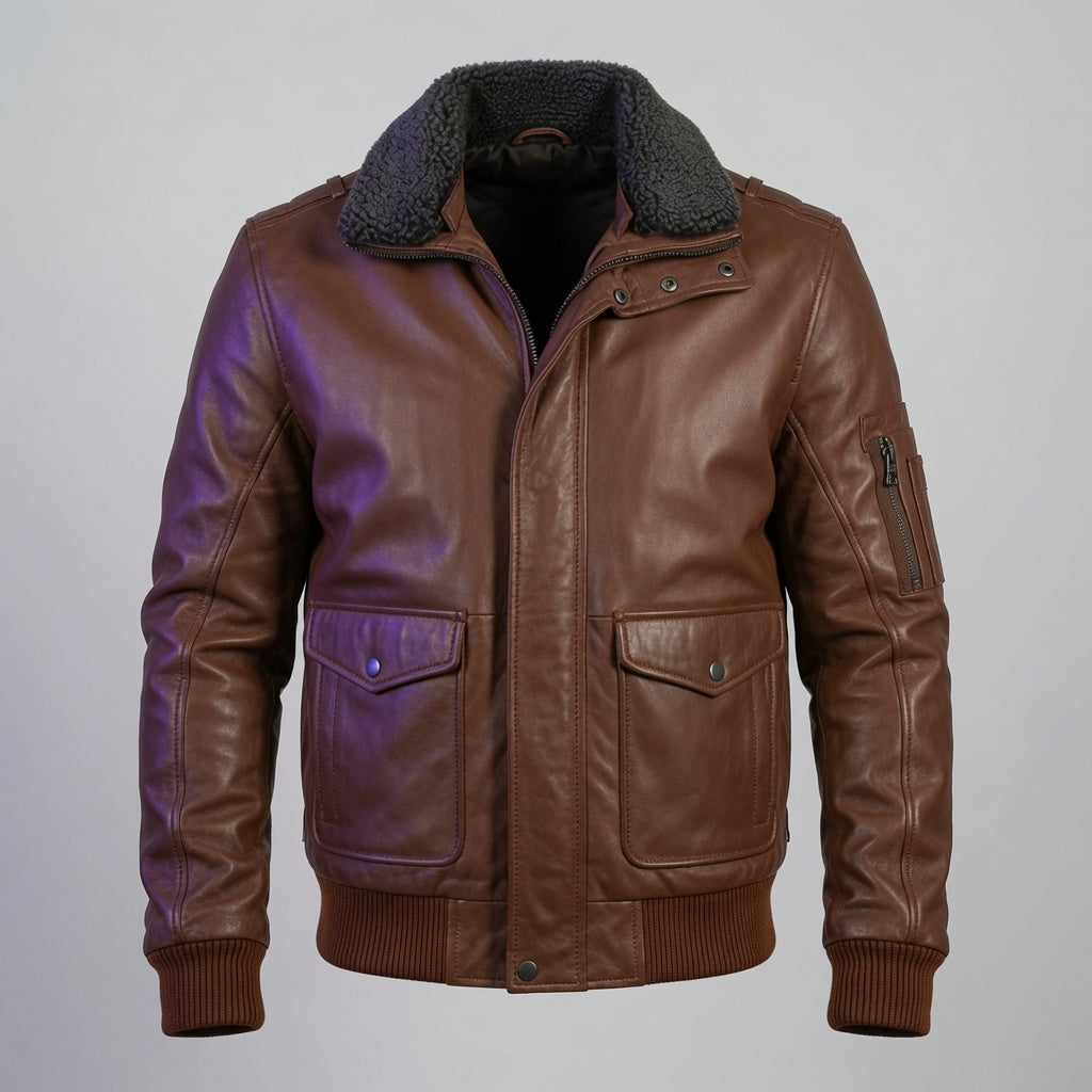 Herren Bomberjacke aus echtem braunem Leder mit Sherpa-Kragen | Winter-Fliegerjacke