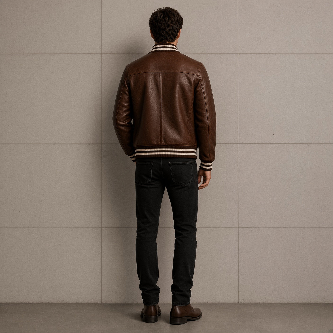 Men's Brown Leather Varsity Jacket – Classic Snap Button Bomber