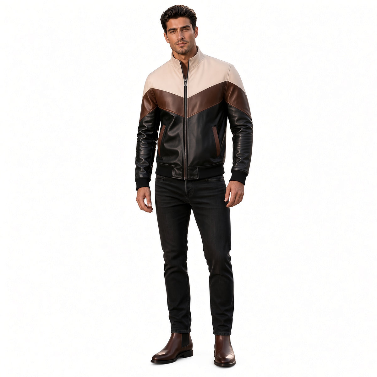 Men's Brown Black & White Leather Jacket | Modern Color Block Jacket