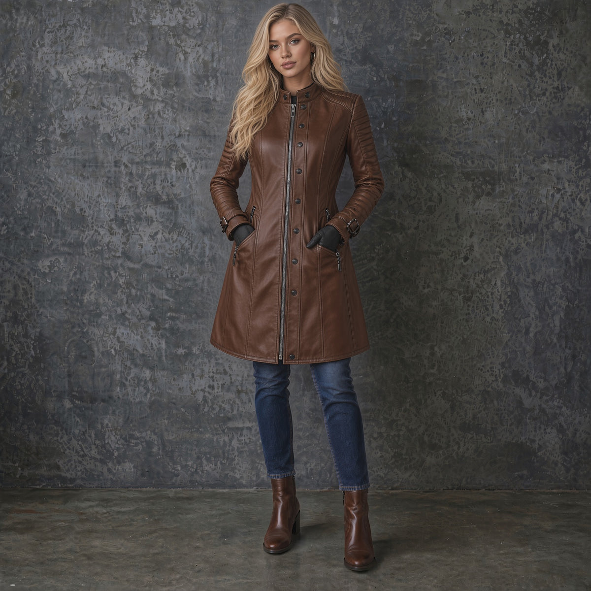 Women’s Brown Leather Long Coat | Fitted Leather Jacket