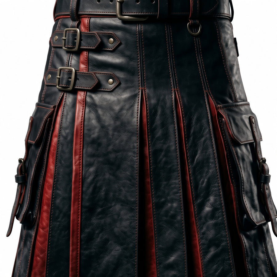 Men’s Black & Red Leather Kilt | Gothic Warrior Utility Kilt | Alternative Fashion Costume