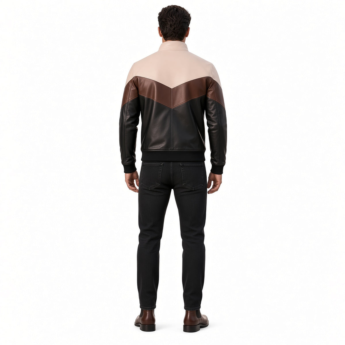 Men's Brown Black & White Leather Jacket | Modern Color Block Jacket