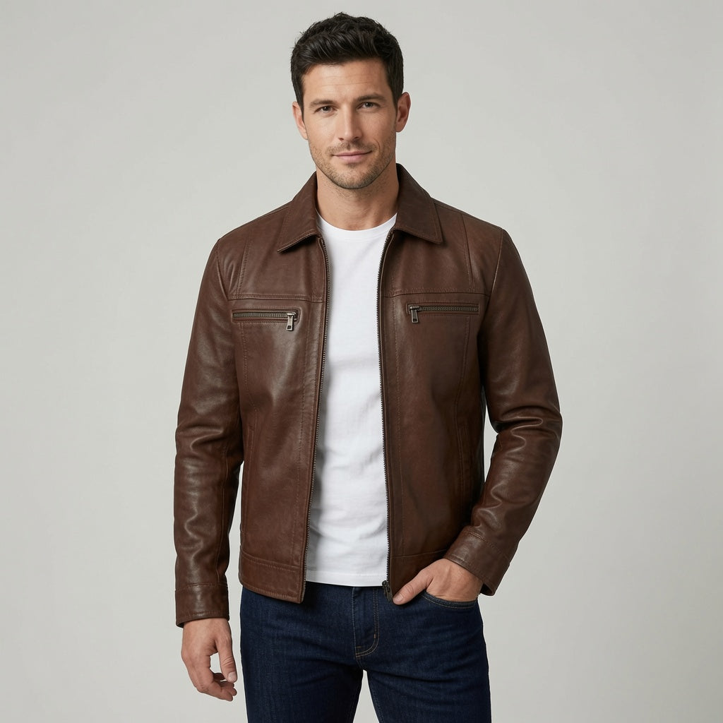 Herren Klassische braune Lederjacke – Reißverschluss Casual Motorradjacke