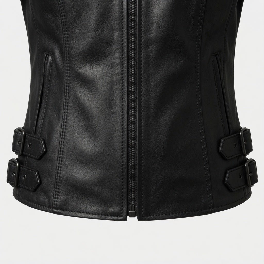 Schwarze Motorradjacke aus echtem Leder für Damen – schmal geschnittene Bikerjacke