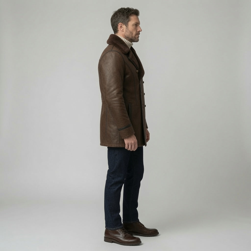 Men's Brown Shearling Leather Peacoat – Double Breasted Winter Leather Coat