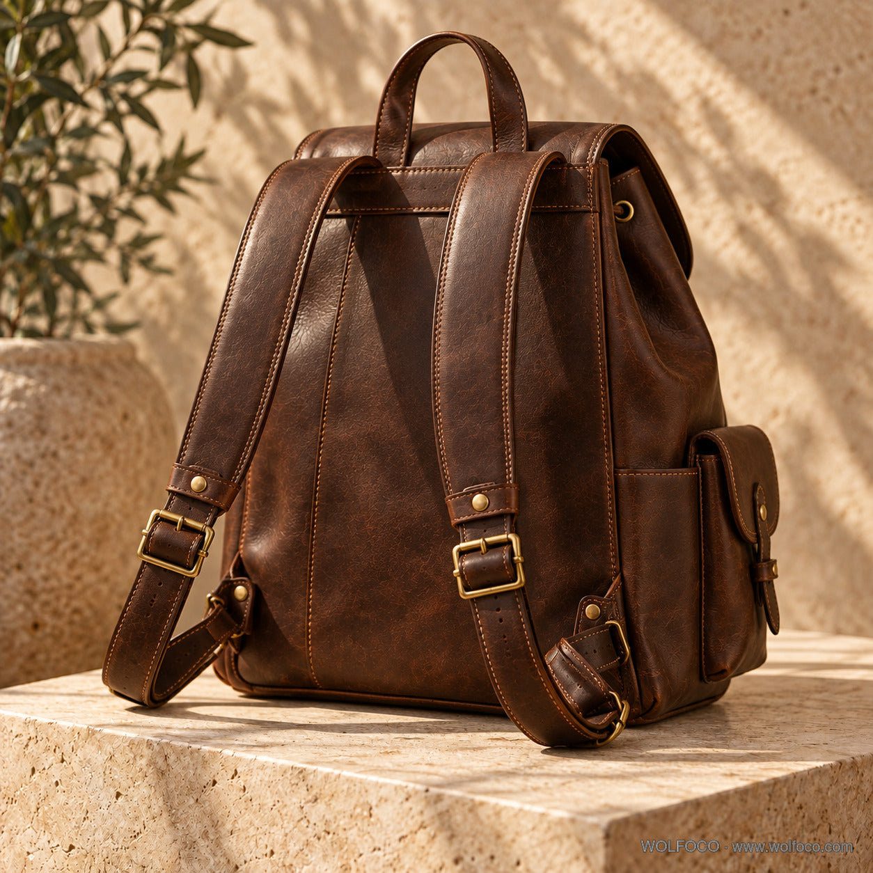 Chocolate leather travel laptop backpack — rear or exterior view | Wolfoco