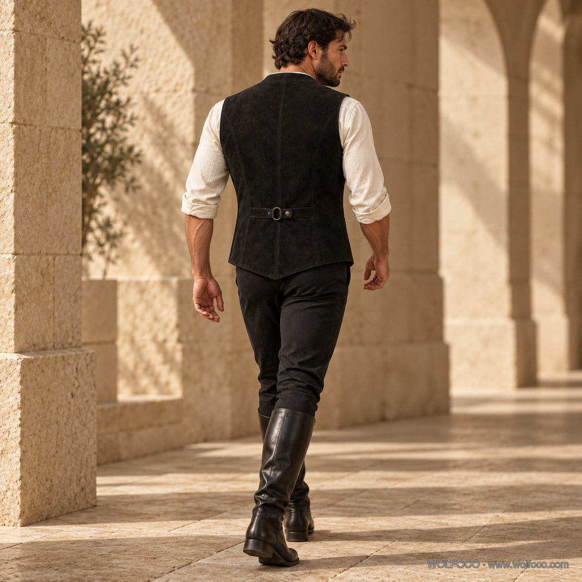 Wolfoco Shadowguard men’s premium suede jerkin — anatomically correct tailored rear view
