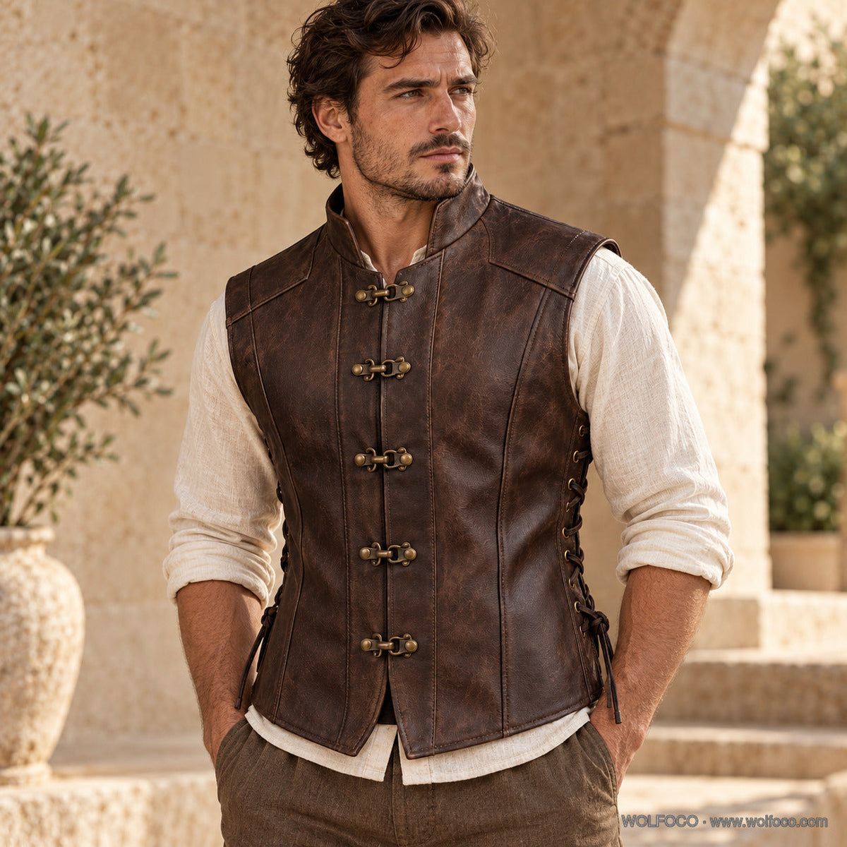 Adult male model wearing Wolfoco walnut medieval leather vest — front fit