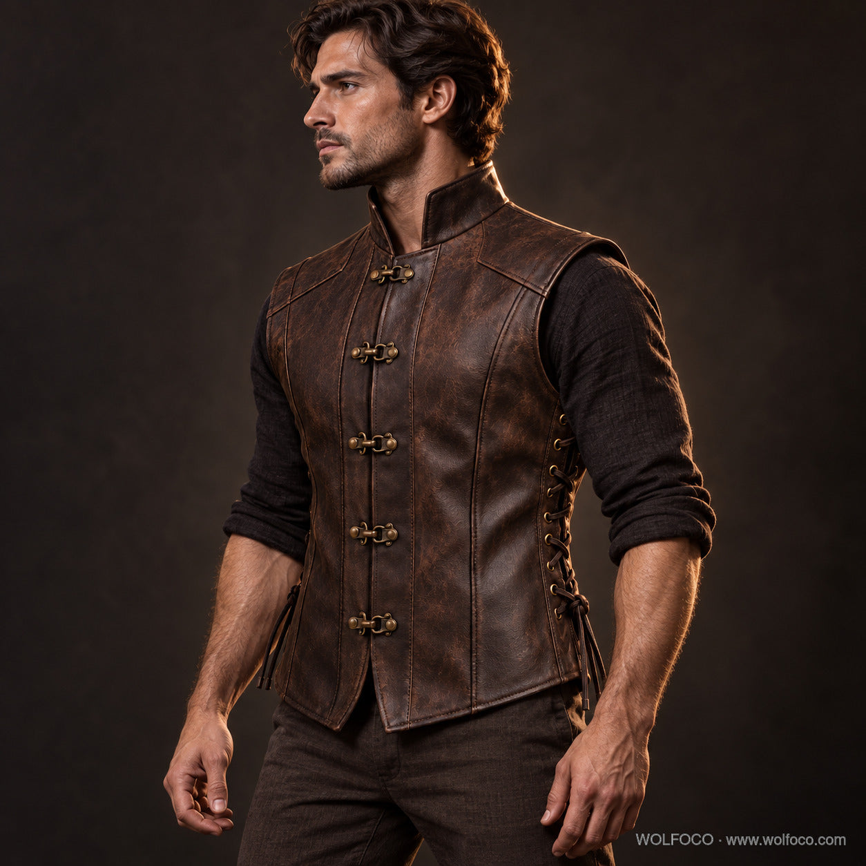 Adult male model wearing Wolfoco walnut medieval leather vest — side-profile studio
