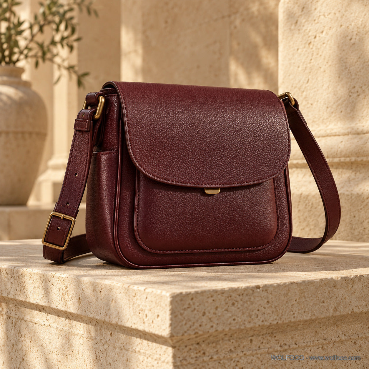 Oxblood leather crossbody satchel — front product view | Wolfoco