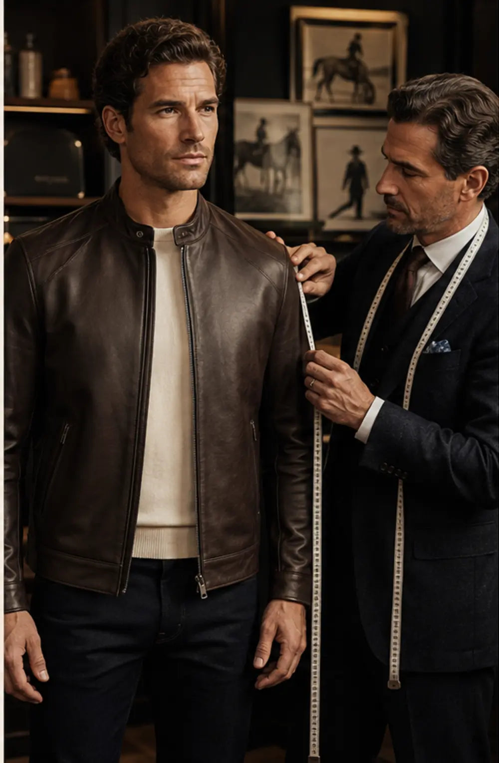 Man receiving a custom leather jacket fitting from a tailor