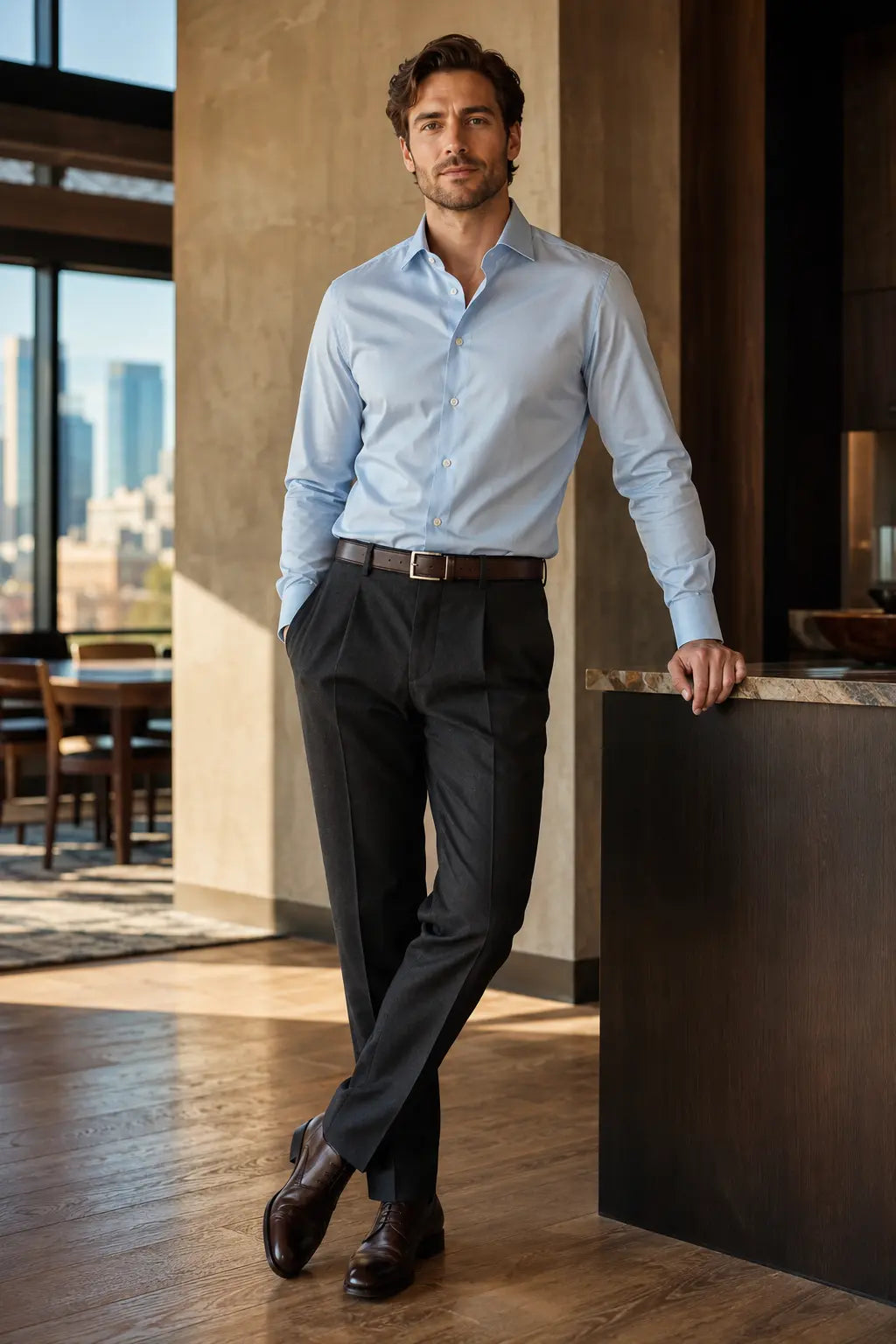 Man wearing an ice-blue tailored shirt with charcoal trousers