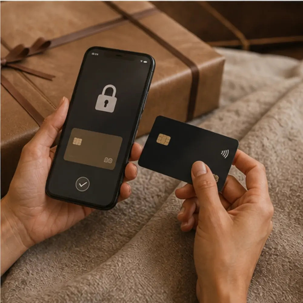 Secure mobile checkout beside a premium leather parcel