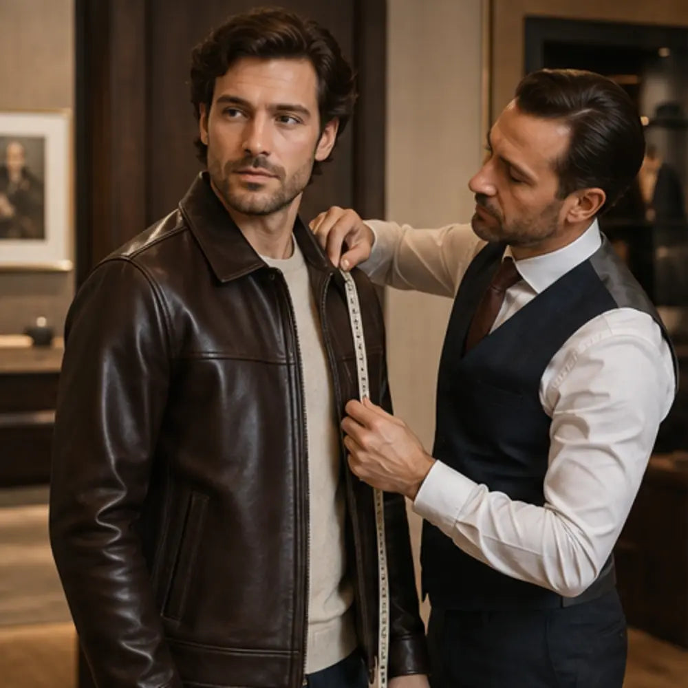 Wolfoco customer receiving professional leather jacket fit guidance