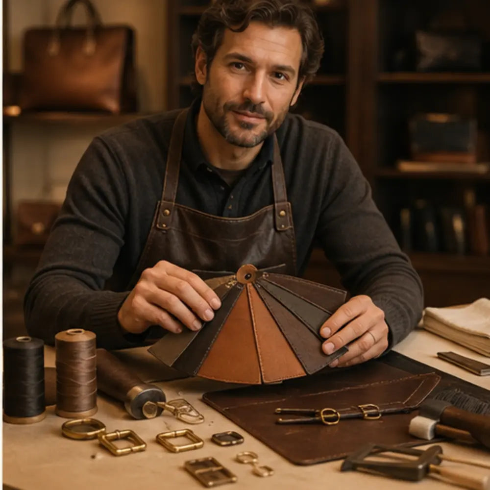 Leather artisan presenting material swatches hardware and construction details