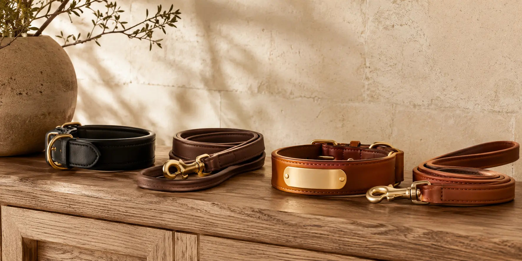 Wolfoco padded dog collars and matching leather leashes