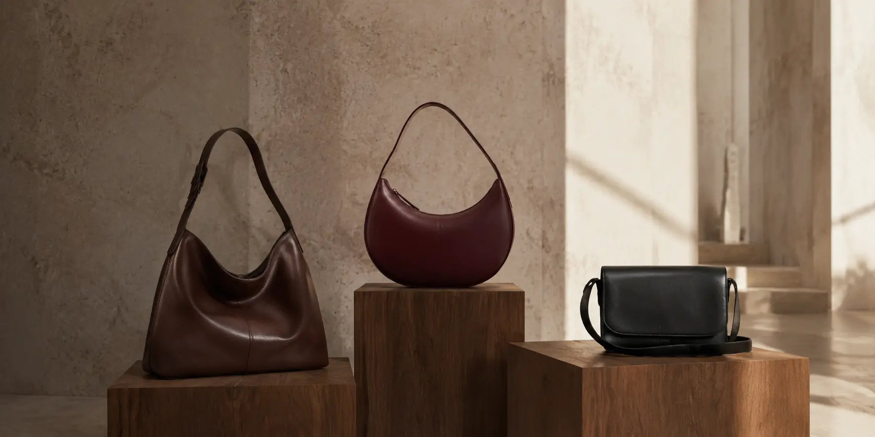 Wolfoco chocolate burgundy and black leather bags displayed on walnut plinths