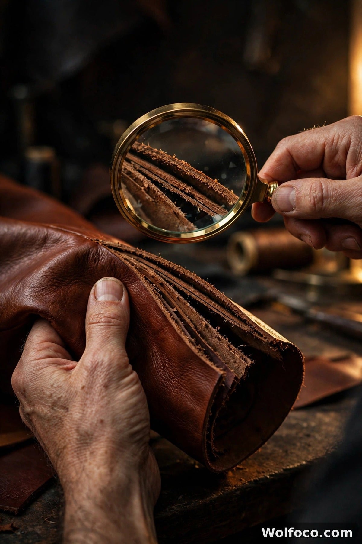 Craftsman inspecting a cognac brown leather jacket edge with a magnifying glass — how to spot a fake leather jacket guide