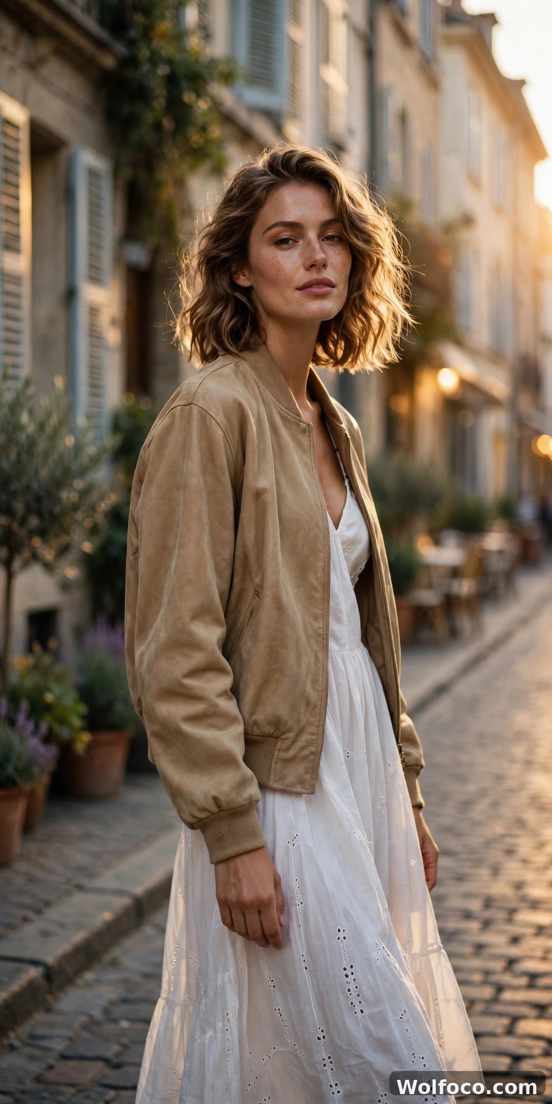 Woman wearing a light tan leather jacket over a white summer dress on a sunlit city street