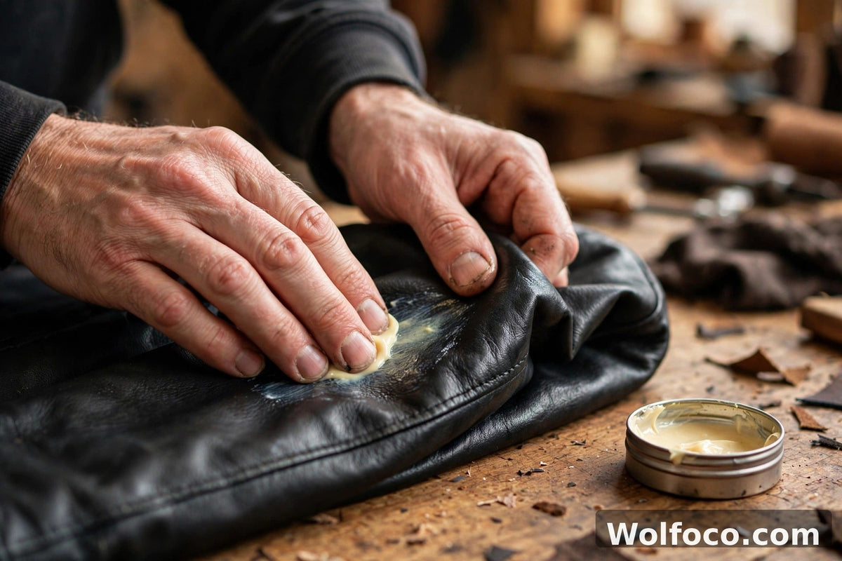 Man testing the fit of a dark brown leather jacket across the shoulders in a warm atelier