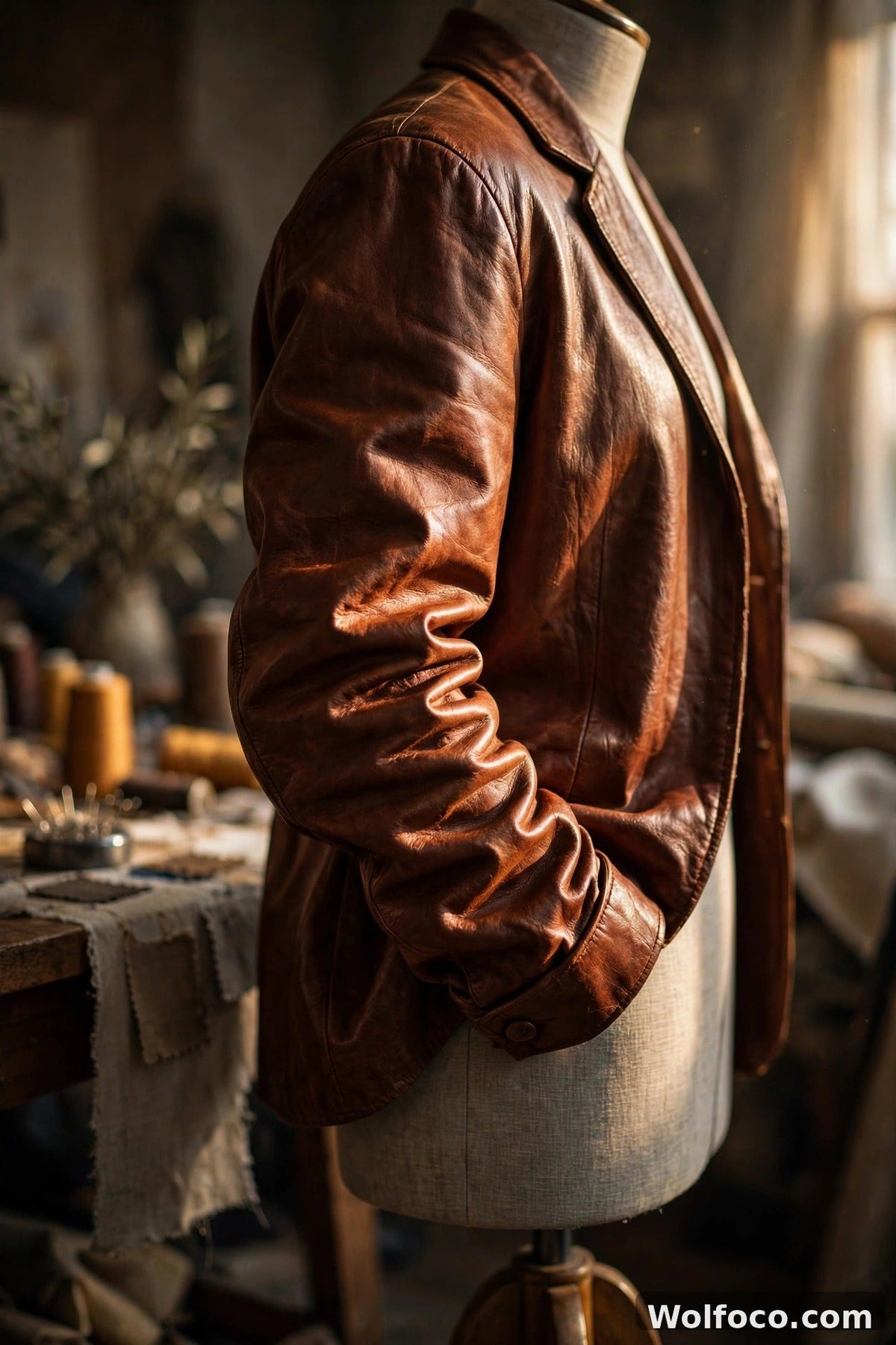 Creased cognac-brown leather jacket on a tailor's dress form in warm window light