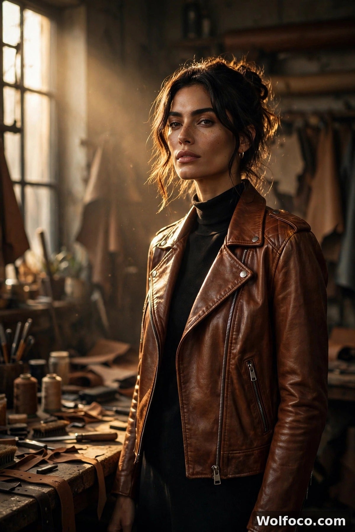 Model wearing a cognac leather biker jacket in a moody leather atelier — cinematic editorial