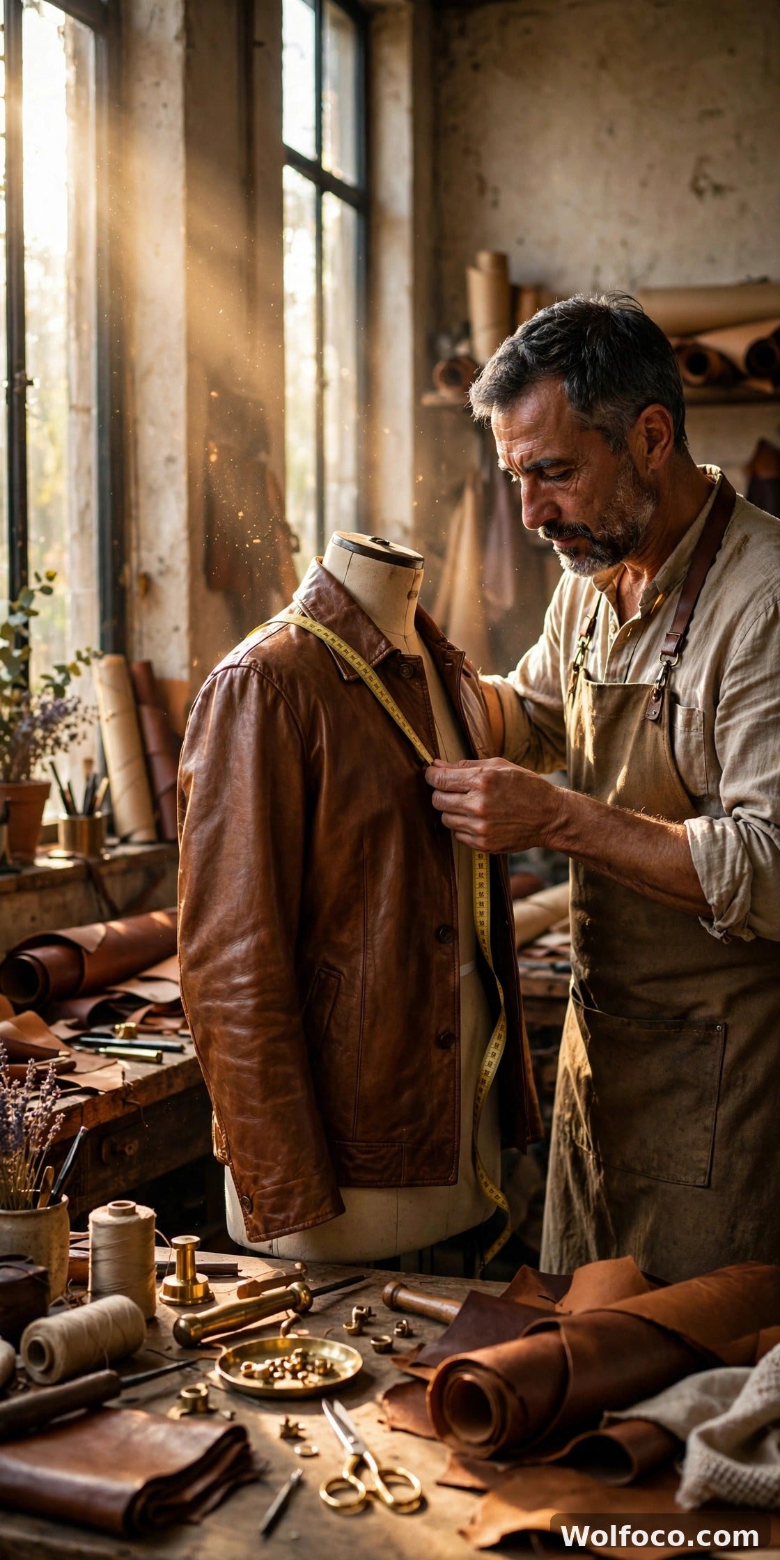 Leather craftsman measuring a cognac brown jacket on a tailor's dress form in a sunlit atelier