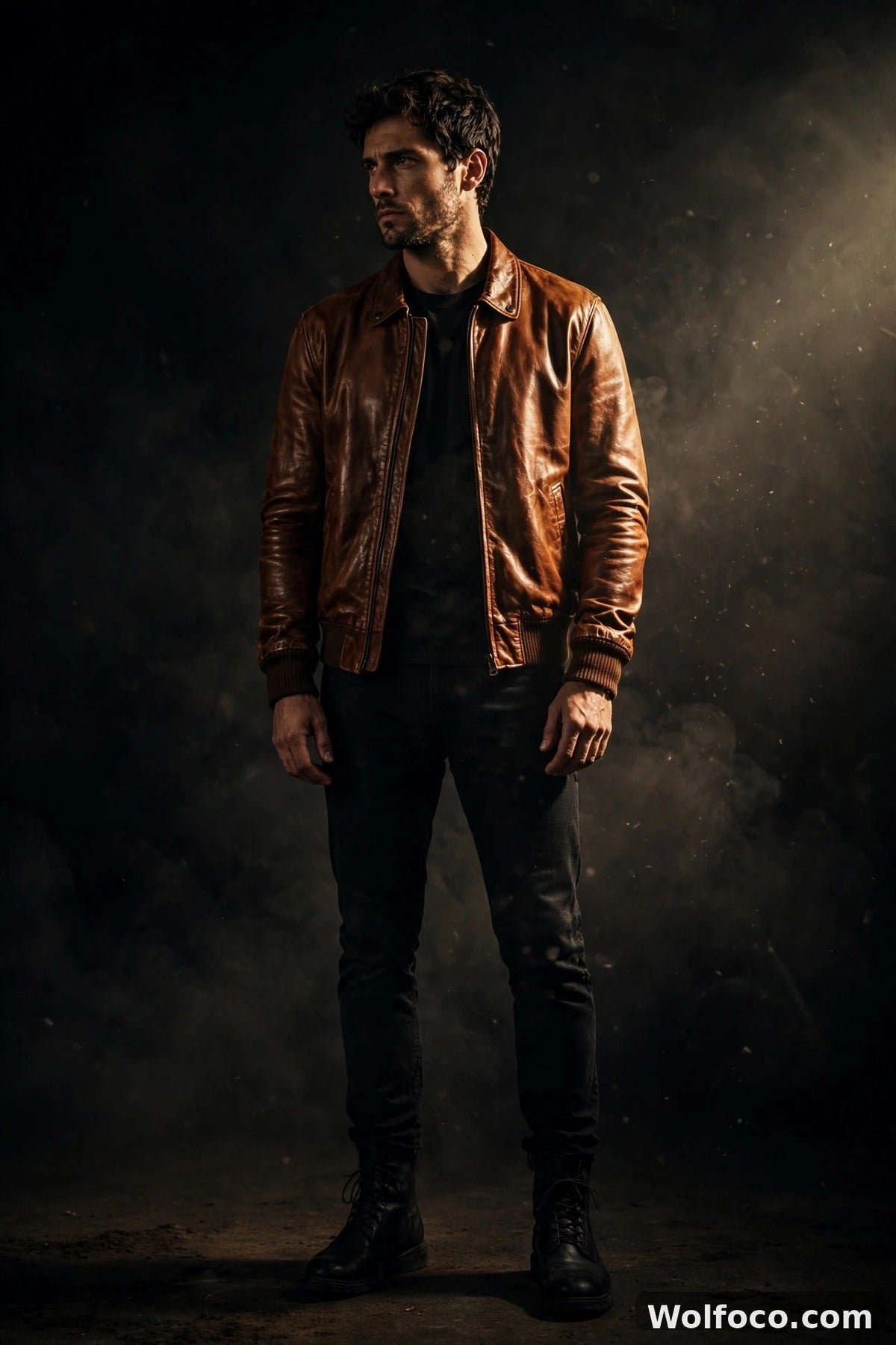 Man wearing a cognac brown leather bomber jacket in dramatic studio light, fashion editorial