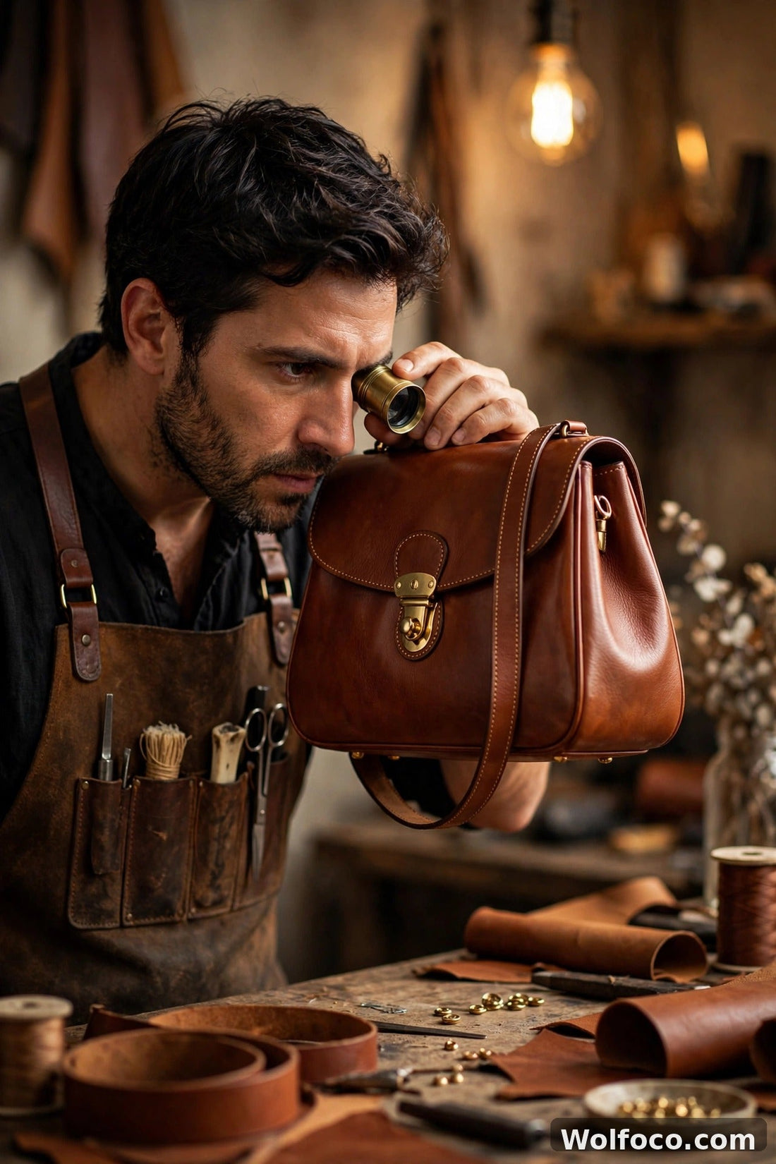 Craftsman inspecting a cognac leather handbag with a jeweler's loupe in a workshop