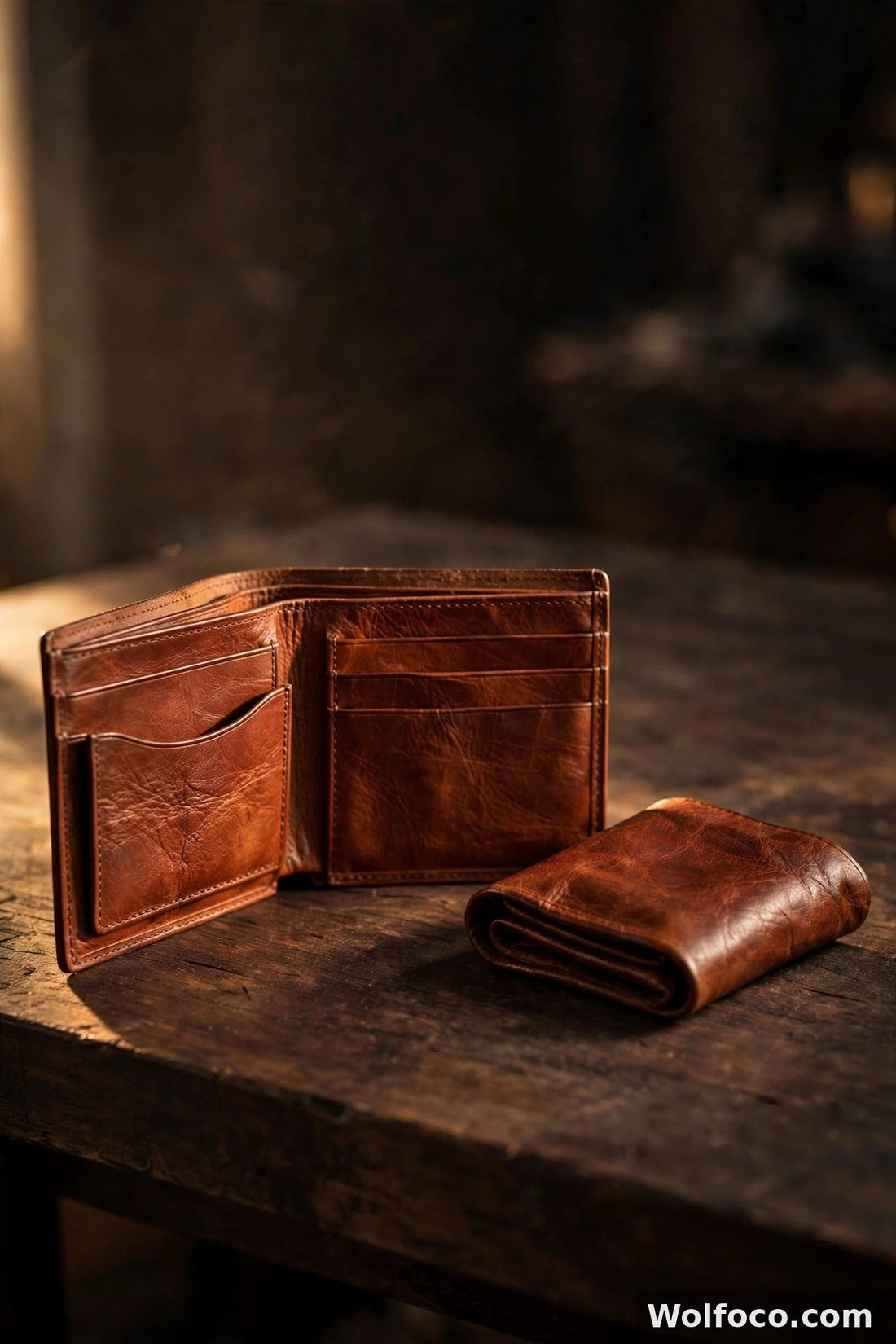 Bifold and trifold leather wallets side by side on a dark walnut workbench in dramatic light